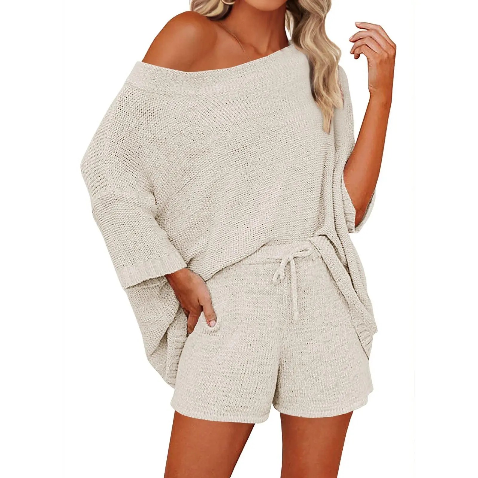 🔥LAST DAY SALE 90% OFF💕Cozy Vibes Off-Shoulder Knit Top & Shorts Lounge Set