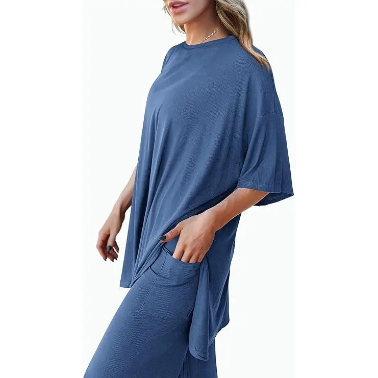Women's 2-Piece Outfits Short Sleeve Pullover Tops Split Hem Wide Leg Pants Lounge Sets