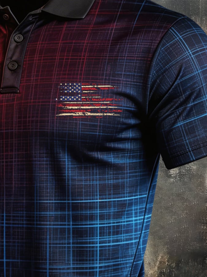 Men's Retro Patriot Color Block Polo Collar Short Sleeve