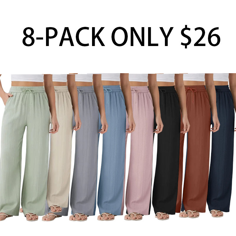 High Waisted Drawstring Pocket Wide Leg Baggy Casual Linen-Feel Pants