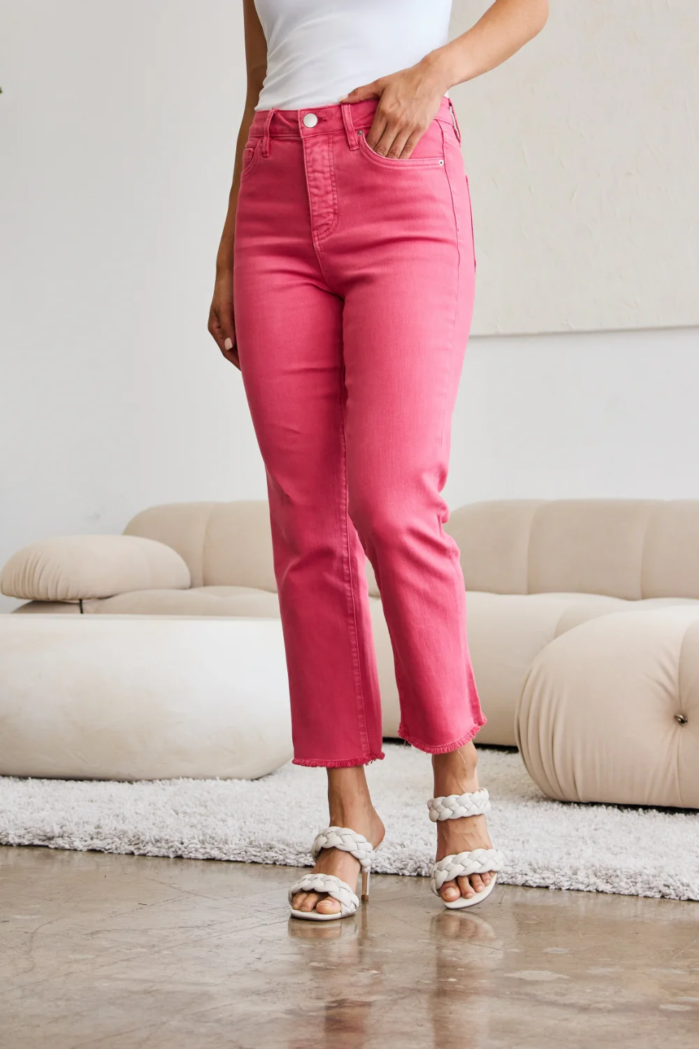 Crop Full Size Tummy Control High Waist Raw Hem Jeans