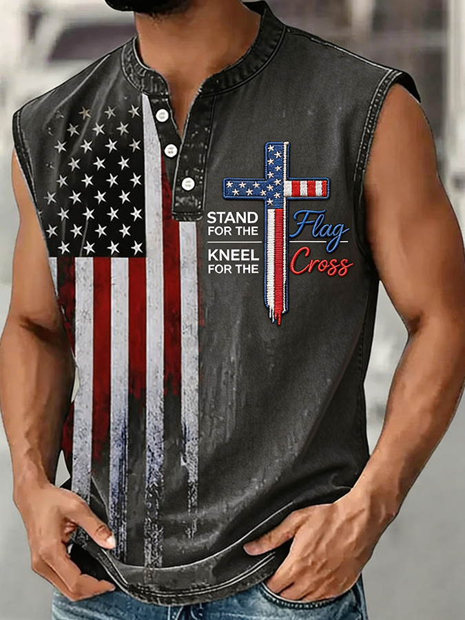 Men's Stand For The Flag Kneel For The Cross USA Flag Sleeveless Top