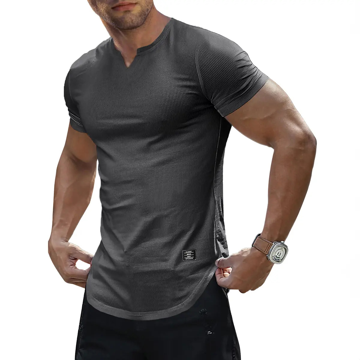 Men's Solid-Color Slim-Fit Long V-Neck T-Shirt