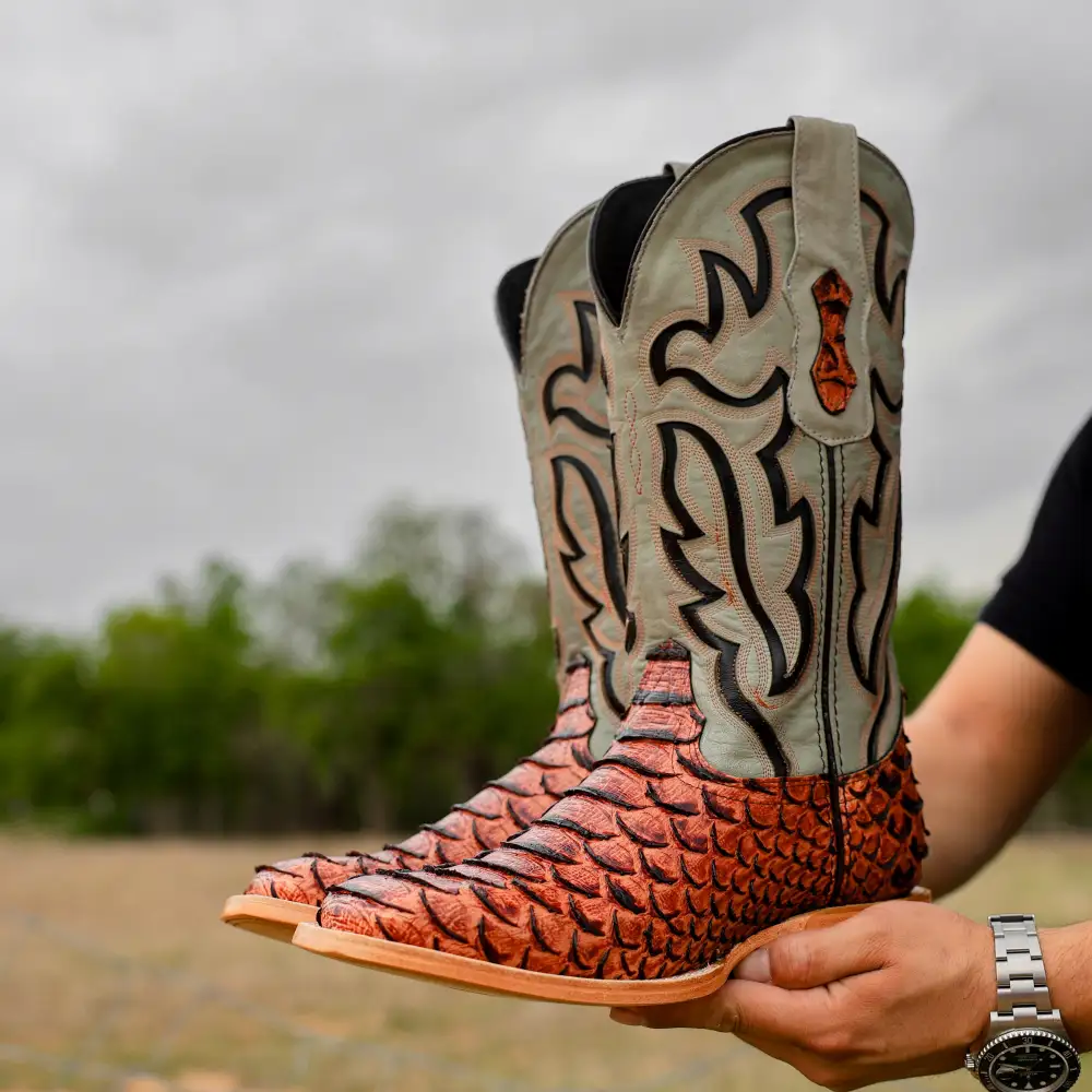 Cognac Python Leather Boots - Square Toe