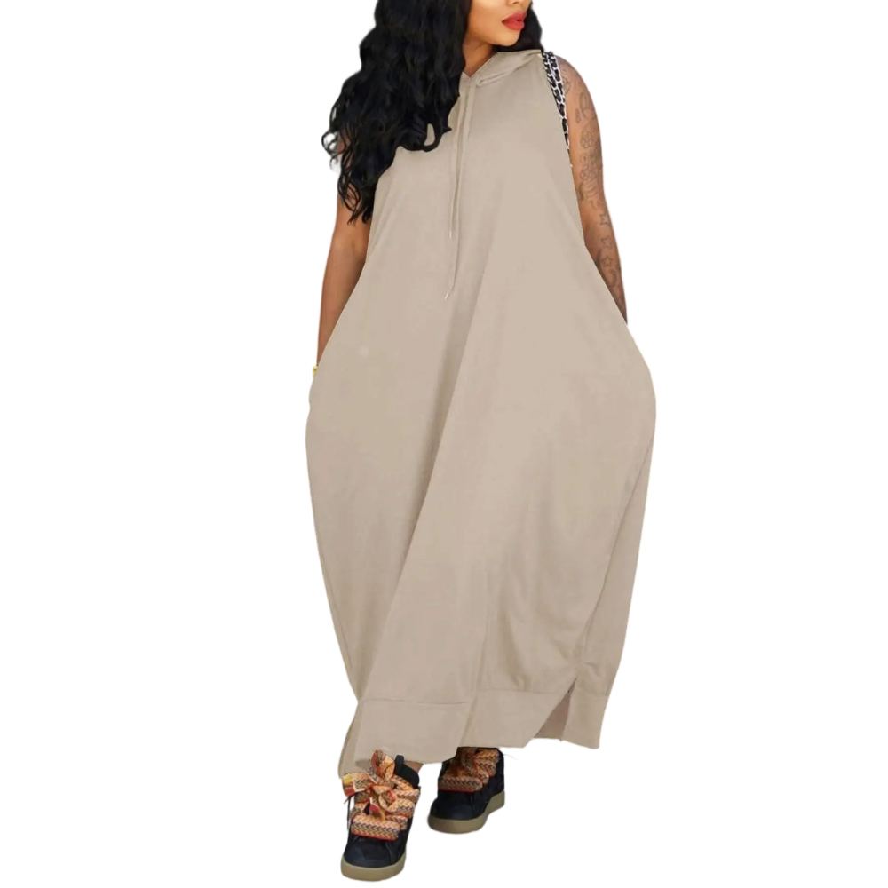 Women's Plain Drawstring Hooded Tank Dress, Casual Basic Pocket Sleeveless Dress