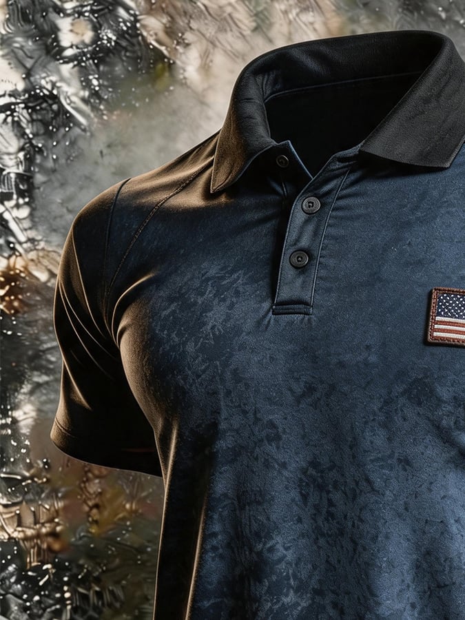 Men's Dark Retro-Print Tactical Polo — Slim-Fit, Functional-Style, Versatile Casual Short-Sleeve Polo with Flag Patch and Turn-Down Collar