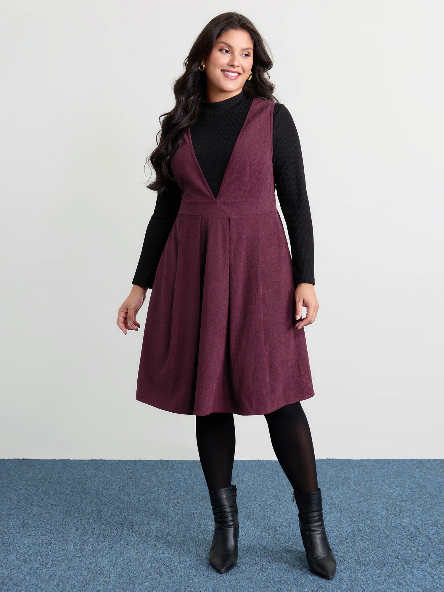 Corduroy Stretchy Waist V-Neck Mini Dress