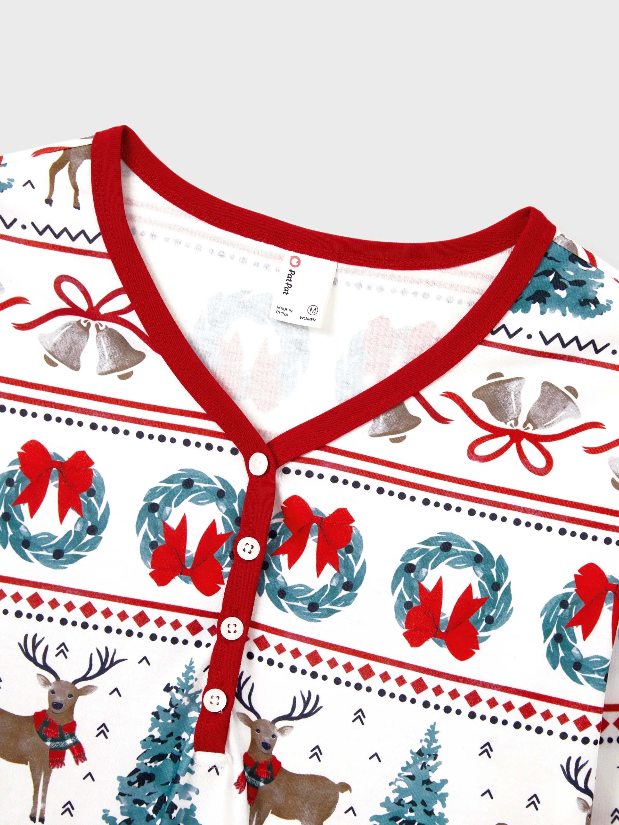 Christmas Matching Family Pajamas Set Christmas Elk and Bell Print Striped PJS with Christmas Socks White