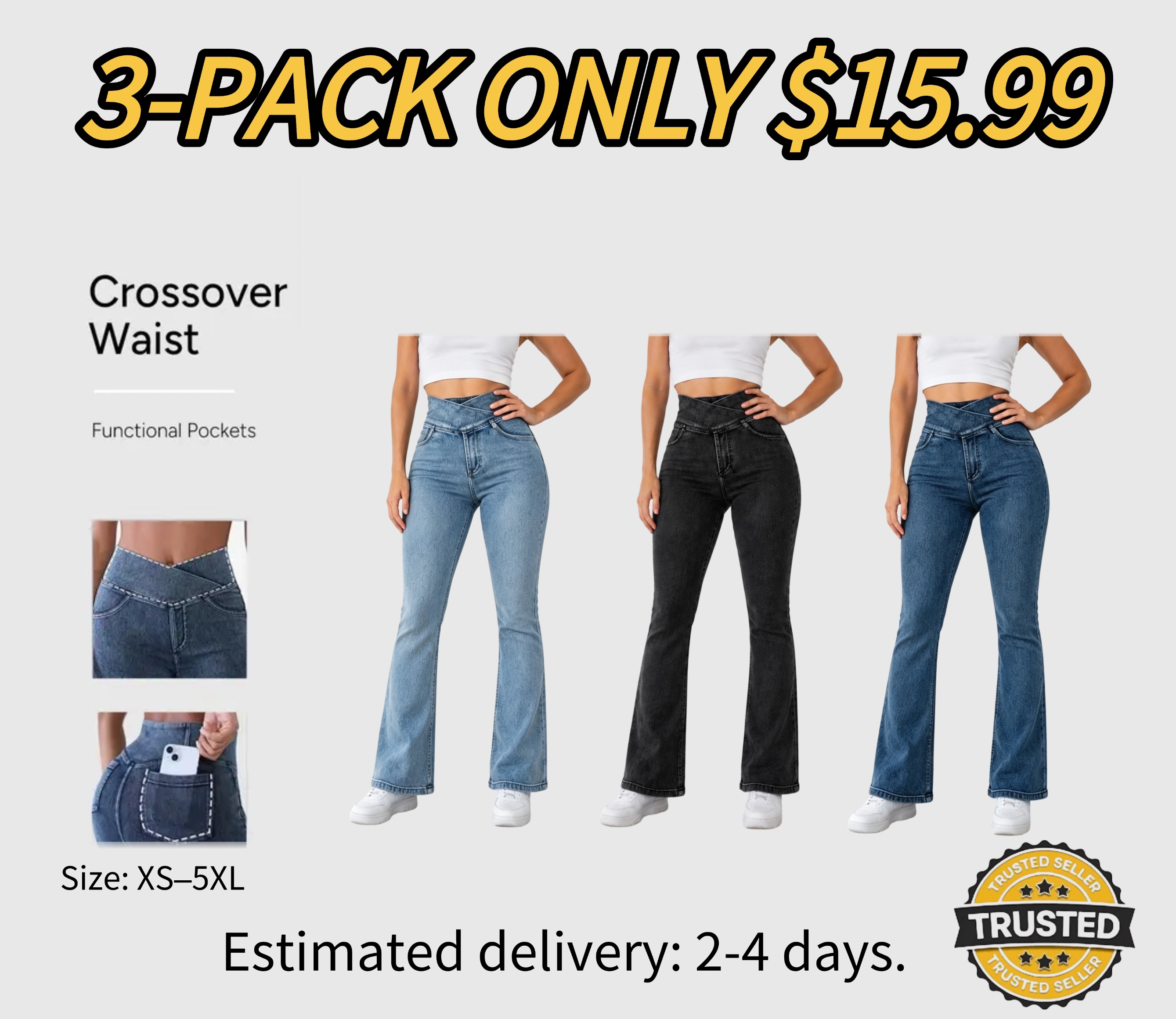 Women's High-Waisted Stretch Jeans with Crossover Design — Slim-Fit Flared Denim Leggings