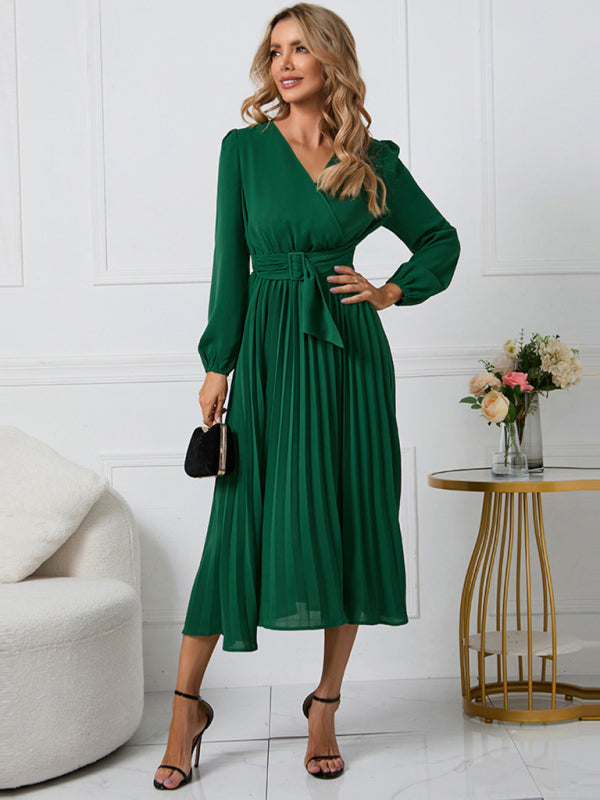 Long Sleeve Slim Pleated Belt V-Neck Dress A-Line Skirt