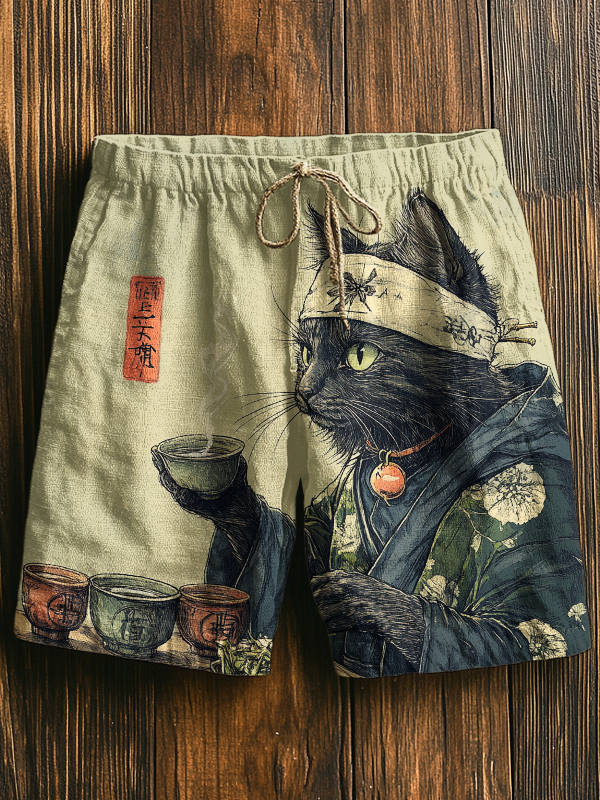 Men's Cat Drinking Tea Japanese Tea Ceremony Art Print Casual Shorts