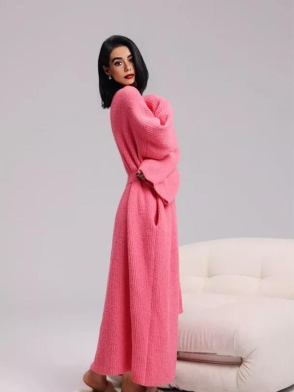 Women’s Plush Long Robe – Heavyweight Warm Flannel Lounge Robe with Tie Belt