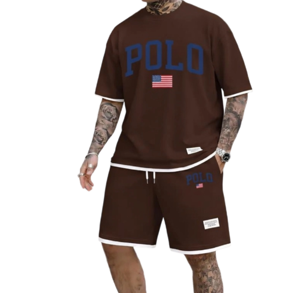 Men's Polo Print Drawstring Shorts Set