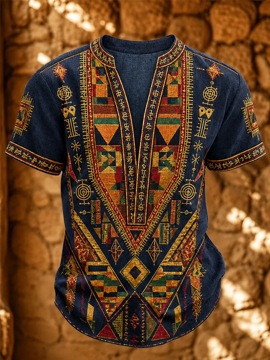 Men’s Retro African Tribal Symbol Print Casual Shirt