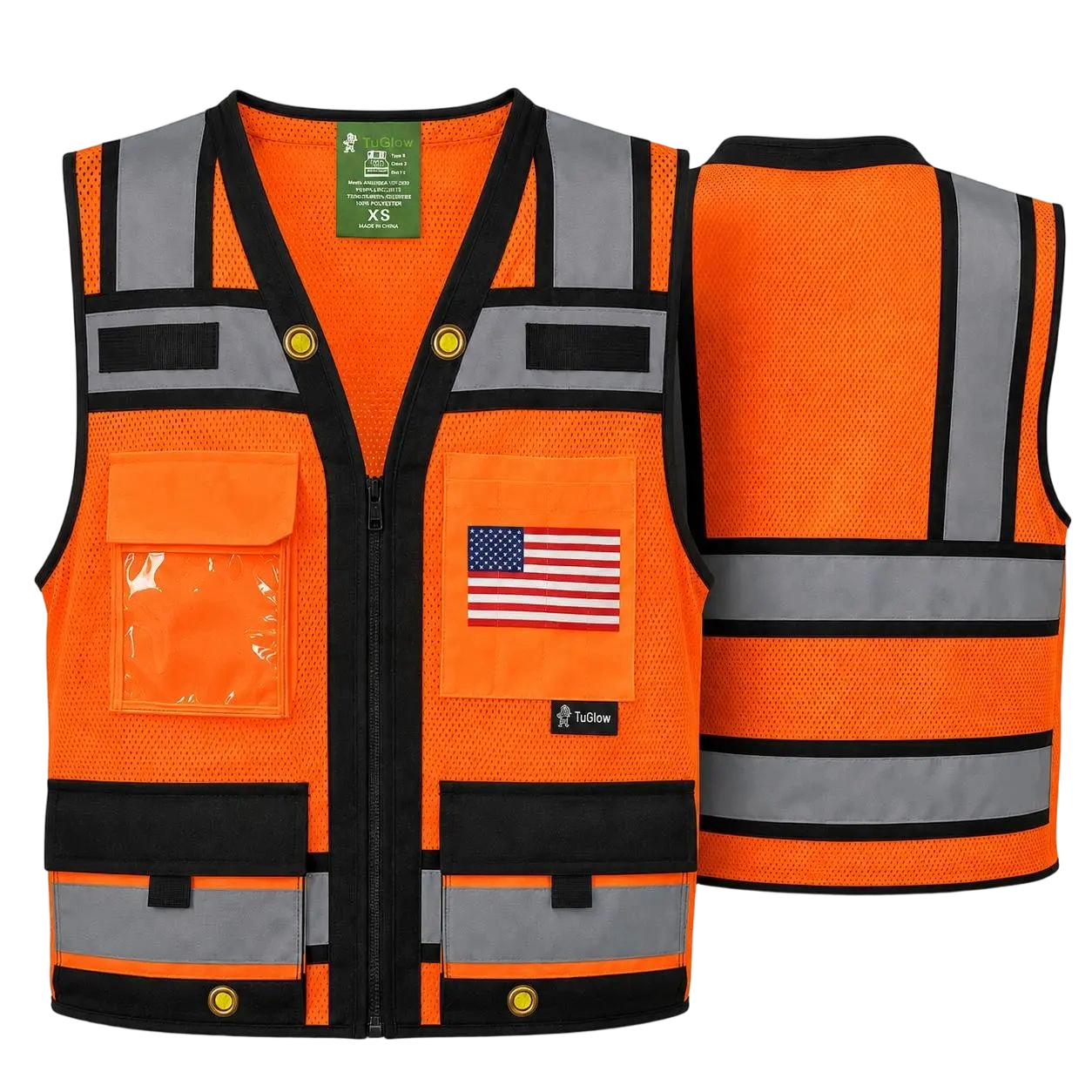 Superintendent Vest with custom USA Flag or other flags, High Visibility Reflective Safety, Mesh Safety Vest with Zipper and Multi pockets AMERICAN SIZE