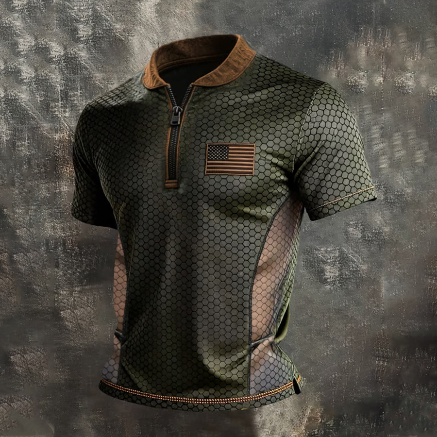 Men'S Retro American Flag Color Blocked Zipper T-Shirt