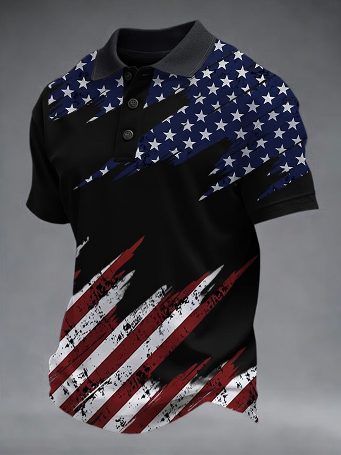 Men'S Retro American Flag Independence Day Print Casual Polo Shirt