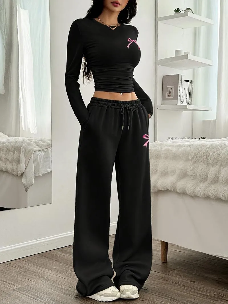Two-Piece Set Women's Bowknot Print Regular Fit Round Neck T-shirt And Pants