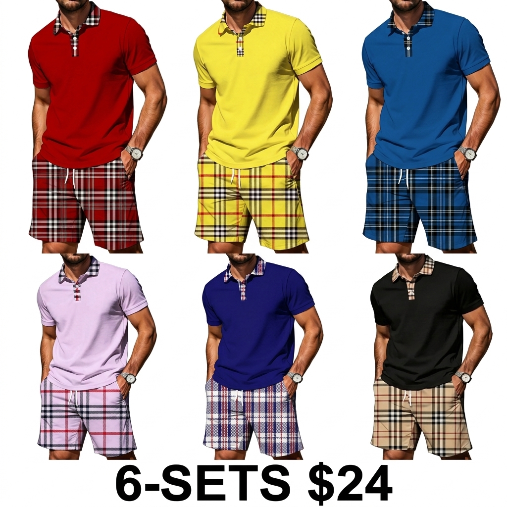 Men's Plaid Patchwork 2-Piece Summer Set – Polo Shirt & Matching Shorts, Casual Drawstring Waist with Pockets
