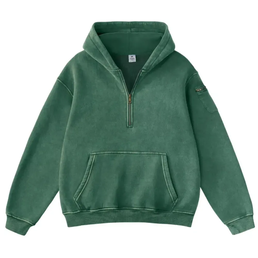 Unisex Vintage Acid Washed Half Zip Fleece Hoodie
