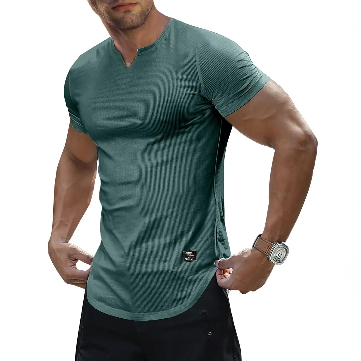 Men's Solid-Color Slim-Fit Long V-Neck T-Shirt