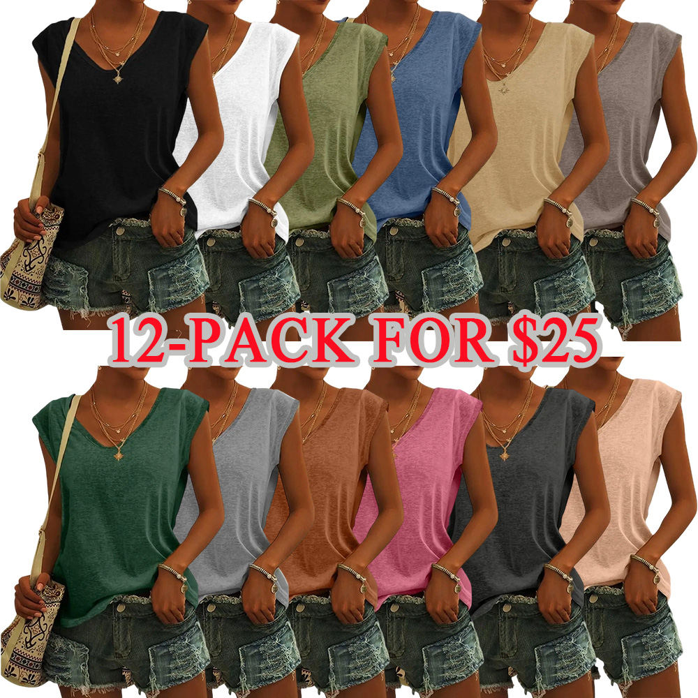 Womens Cap Sleeve Tops V Neck Loose Fit Tshirts Spring Summer Casual Basic Tees