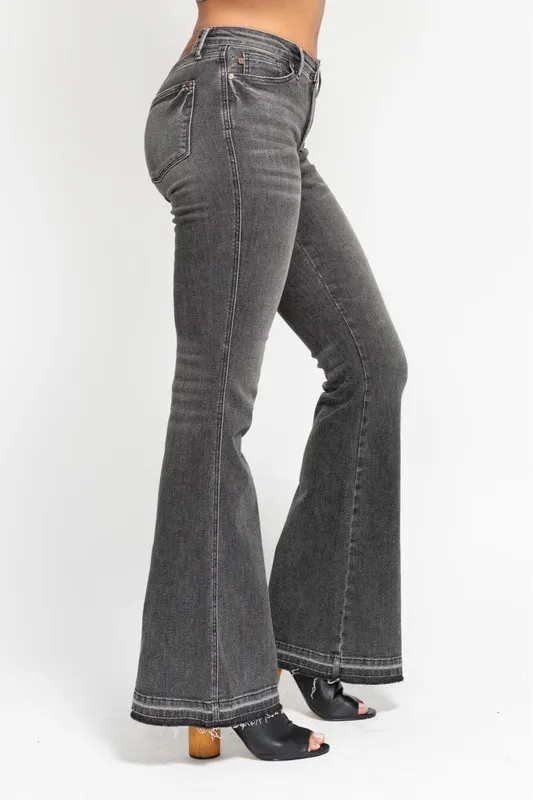 Blue Full Size Midi Rise Tummy Control Washed Gray Release Hem Flare Jeans Plus Size