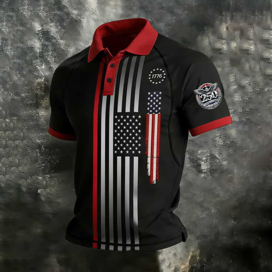 Men'S Retro American Founding Celebration Striped Flag Raglan Polo Shirt