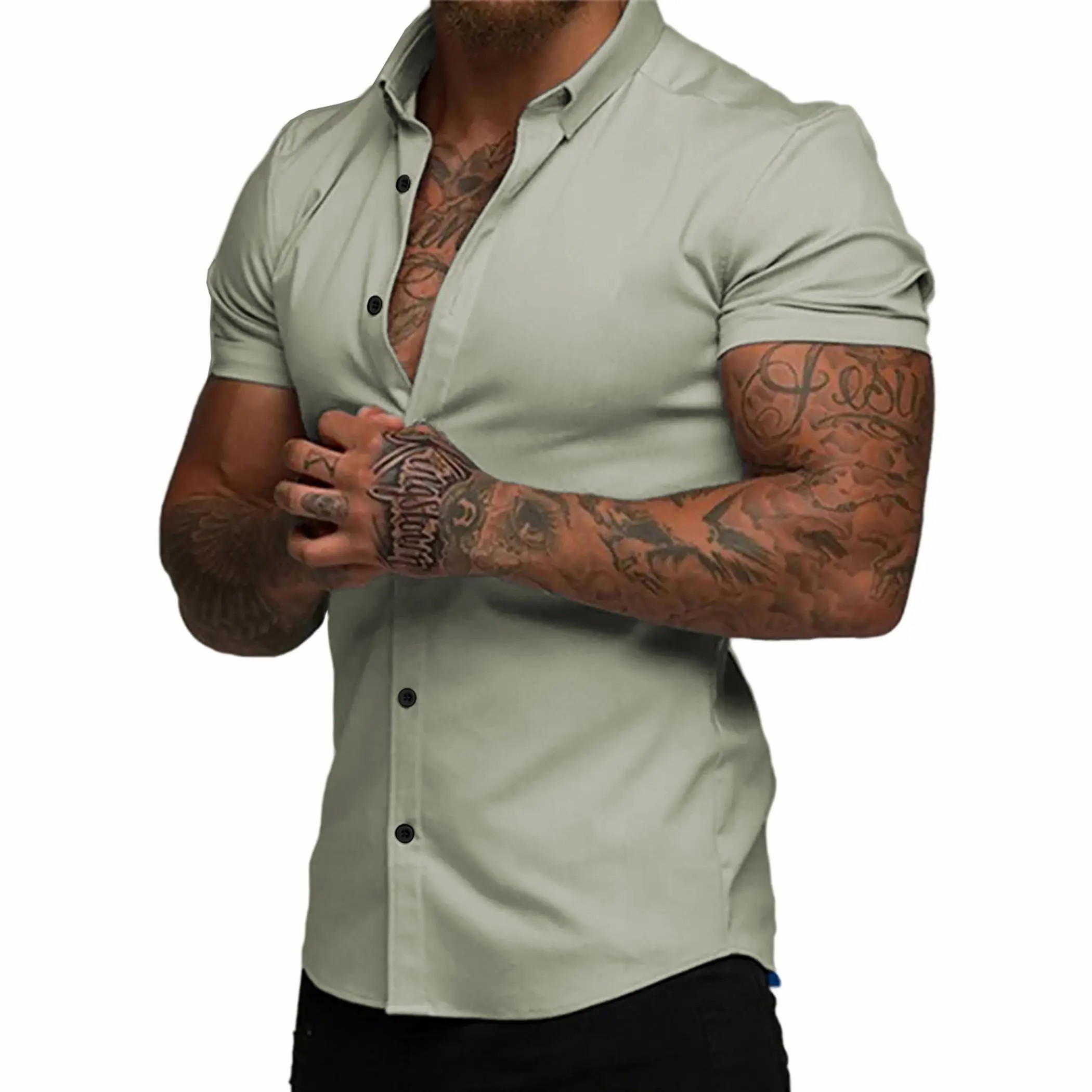 Men's Muscle Fit Short Sleeve Dress Shirt – 4-Way Stretch, Wrinkle-Free, Casual Button Down