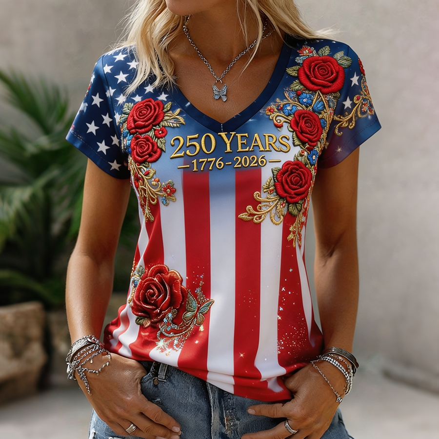 Women's 250 Years 1776-2026 Rose Embroidered American Flag V-Neck T-Shirt
