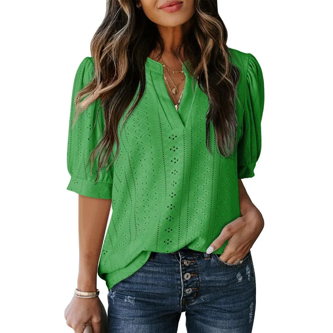 Women's Summer Business Casual Blouses V Neck Short Sleeve Shirts Hollow Out Cute Lace Tops Loose Fit Breathable Fabric