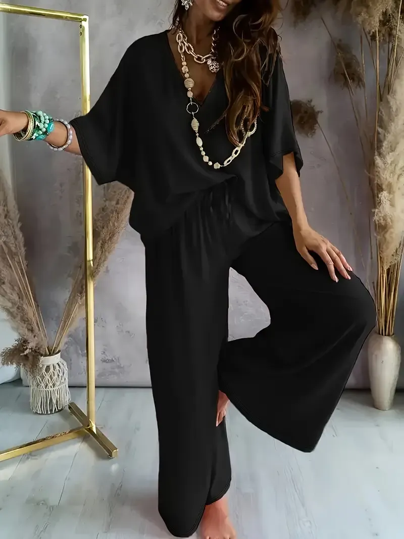Women's Casual Solid Color Pants Set with V-Neck Top and Wide Leg Pants