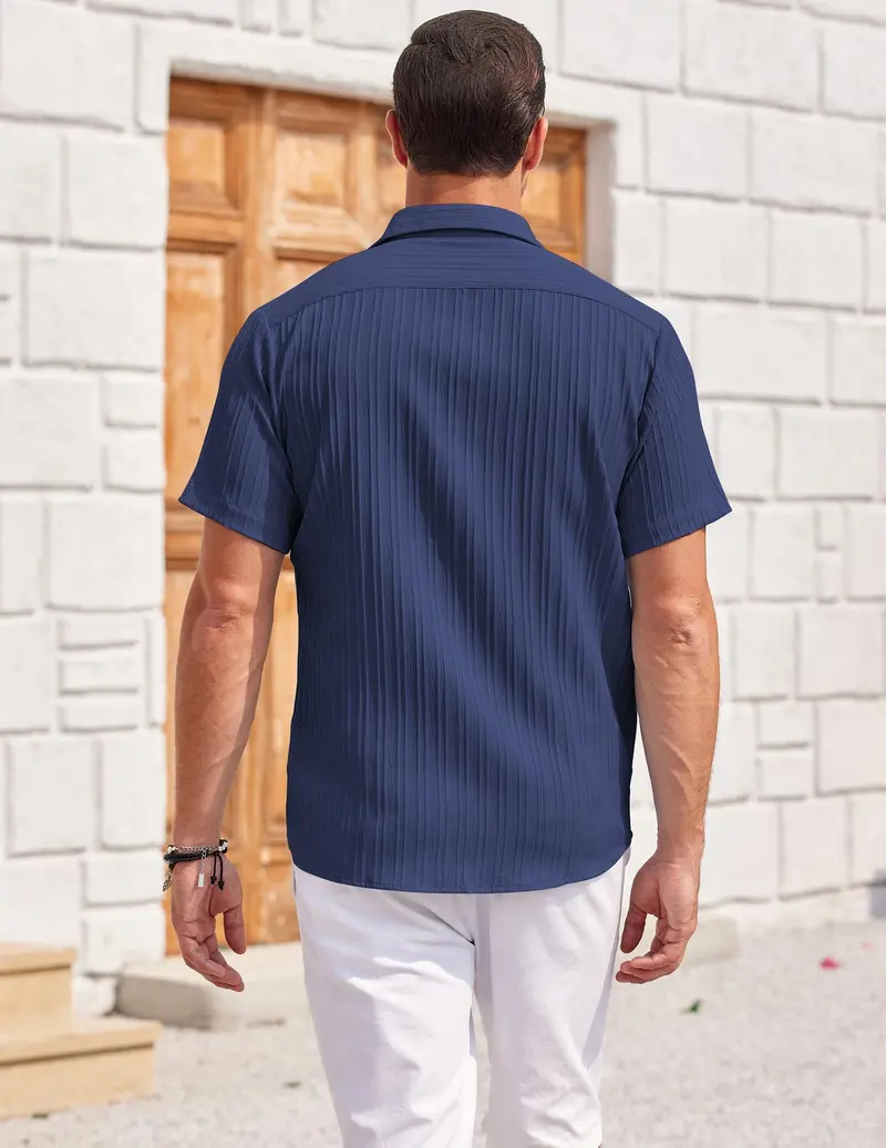 👔 Men’s Navy Textured Short Sleeve Button Down Shirt – Casual Summer Beach Shirt