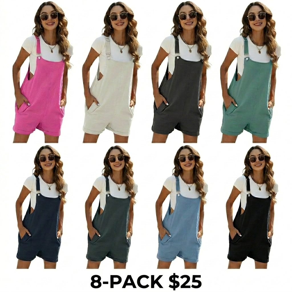 Women's Sleeveless Bib Shortalls – Cotton Linen Pinafore Overalls with Pockets & Adjustable Straps