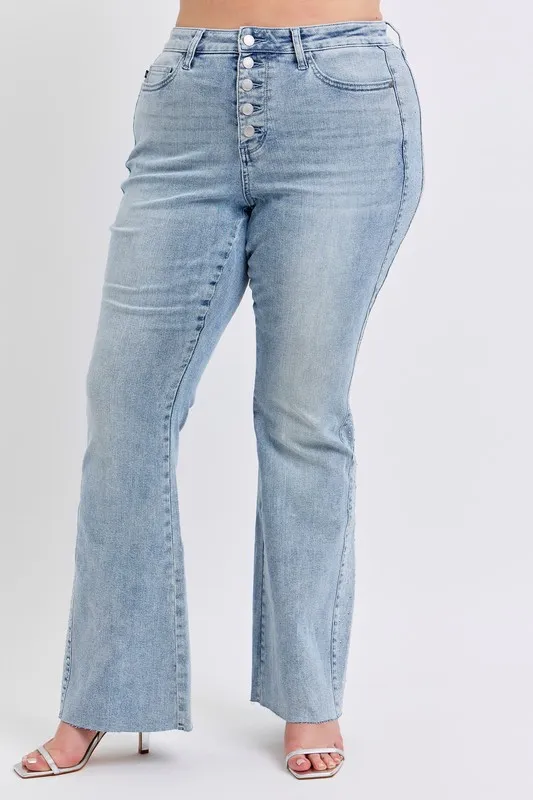 Blue Full Size Midi Rise Rhinestone Side Panel Detail Flare Jeans Plus Size