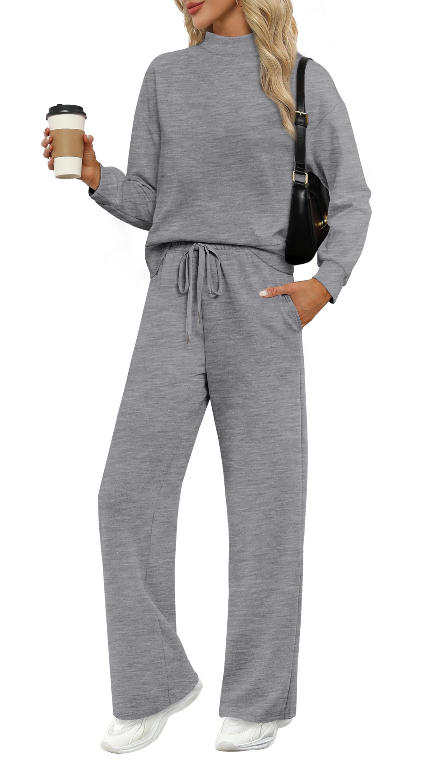 WIHOLL Two Piece Sets for Women Fall Outfits Lounge Sets Mock Neck Tops Wide Leg Pants Vacation Travel Airport Outfits