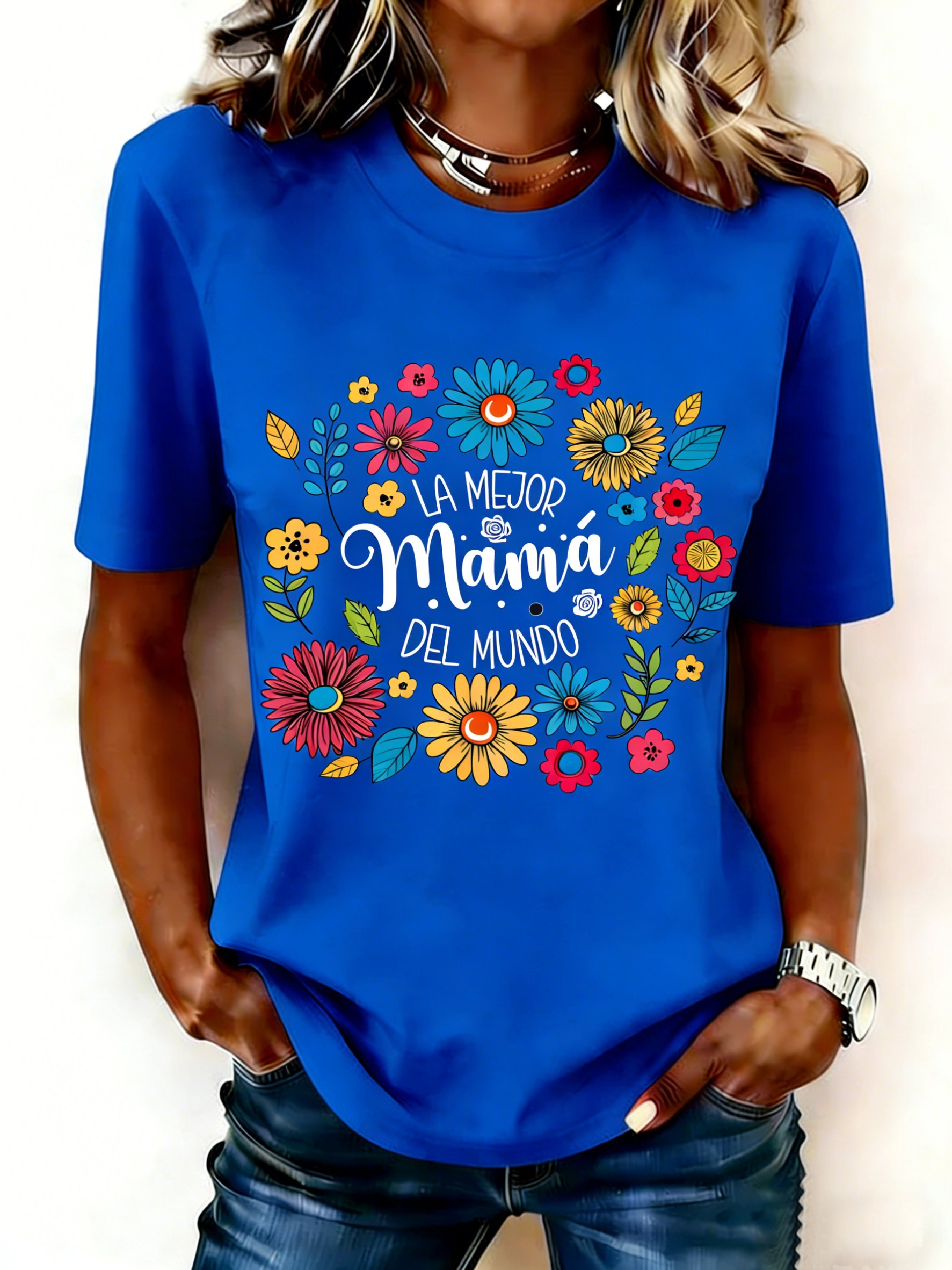 Mother's Day Letter Pattern Floral Short Sleeve Round Neck Loose  Casual T-Shirt