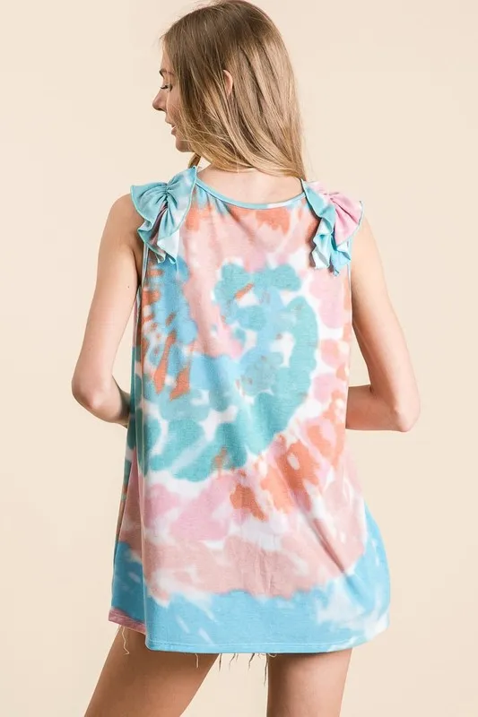 Circular Tie Dye Knit V Neck Top With Ruffle