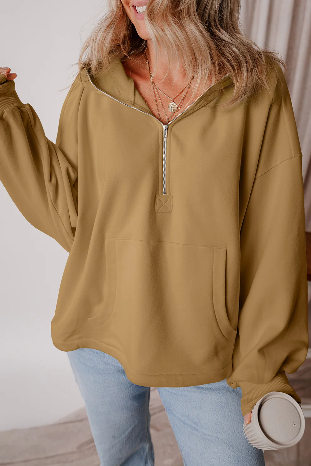 Light Grey Fleece Lined Half Zipper Kangaroo Pockets Loose Hoodie