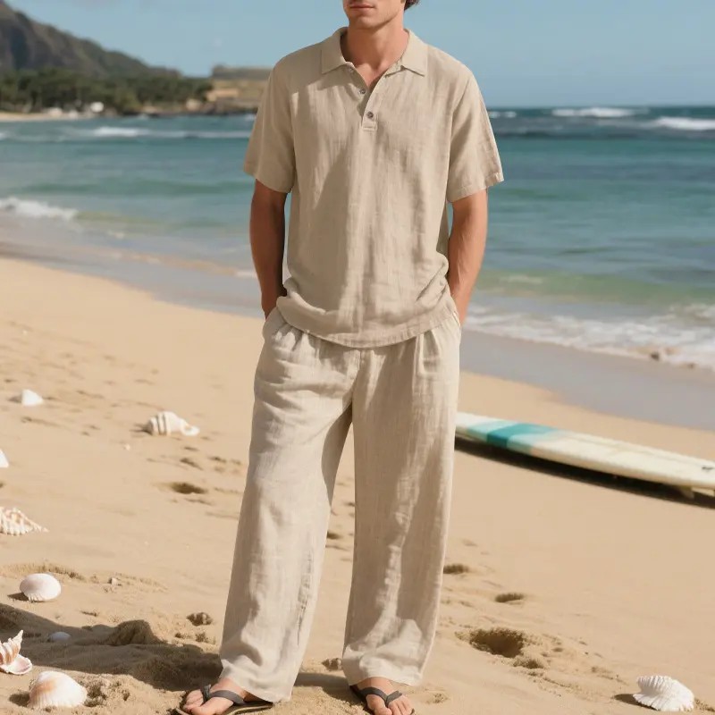 Men’s Linen Beach Two Piece Set, Casual Short Sleeve Button Down Shirt and Loose Long Pants Set