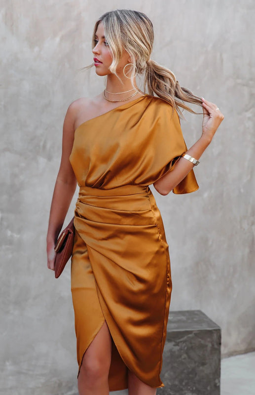One Sleeve Irregular Pleated Waist Skirt Dress