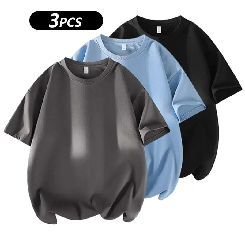 Men's 3PCS 100% cotton Crew Neck T-Shirts Set - Soft Loose Fit Navy Gray Black Tees for Casual Daily Wear