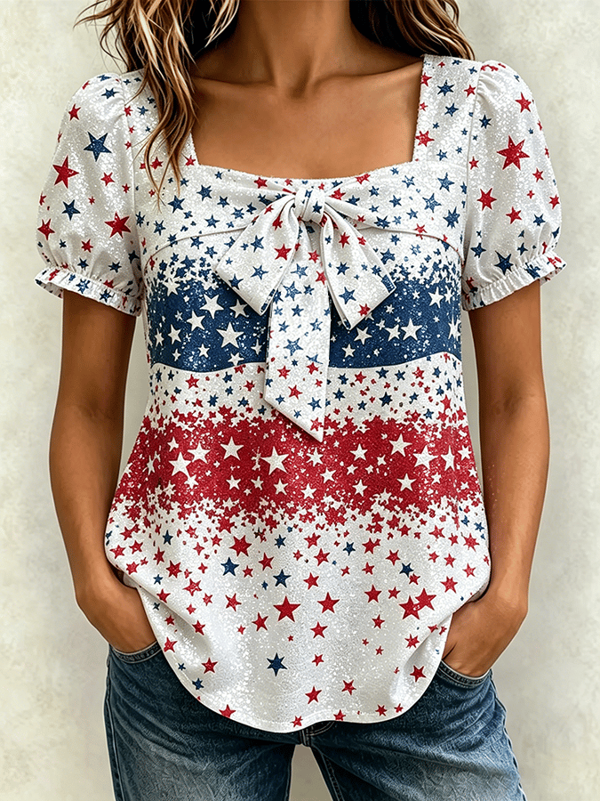 Women's Patriotic Commemorative Art Design Square Neck Retro Short Sleeve T-shirt