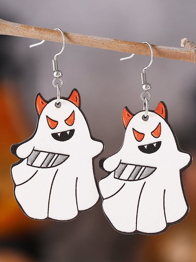 Halloween Funny Ghost Pendant Wooden Double-Sided Earrings