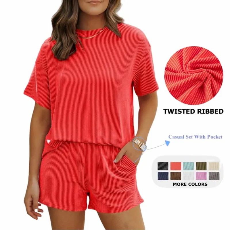 Women's Ribbed Lounge Set – Short Sleeve Twisted Top & Shorts with Pockets