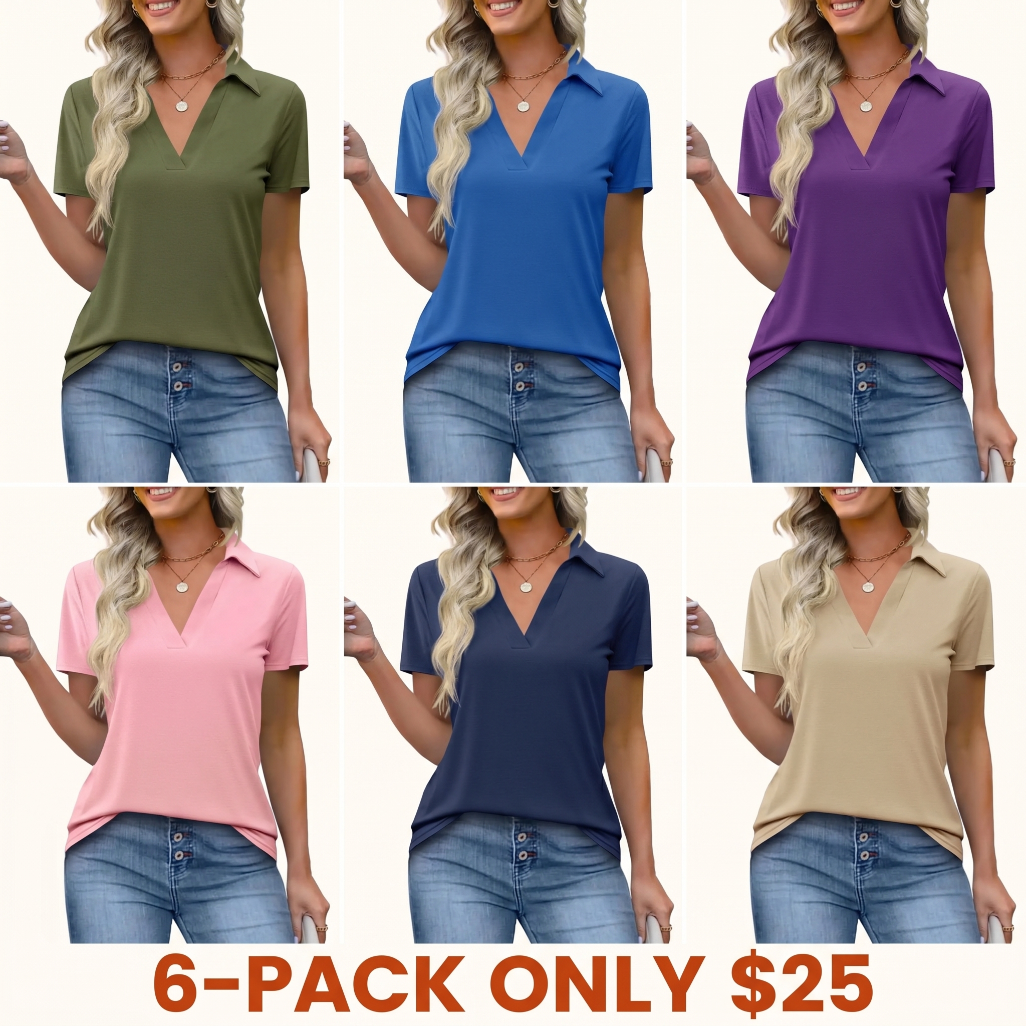 Women's Short-Sleeve Slim-Fit Simple Lightweight Polyester V-Neck Collared Polo Shirt