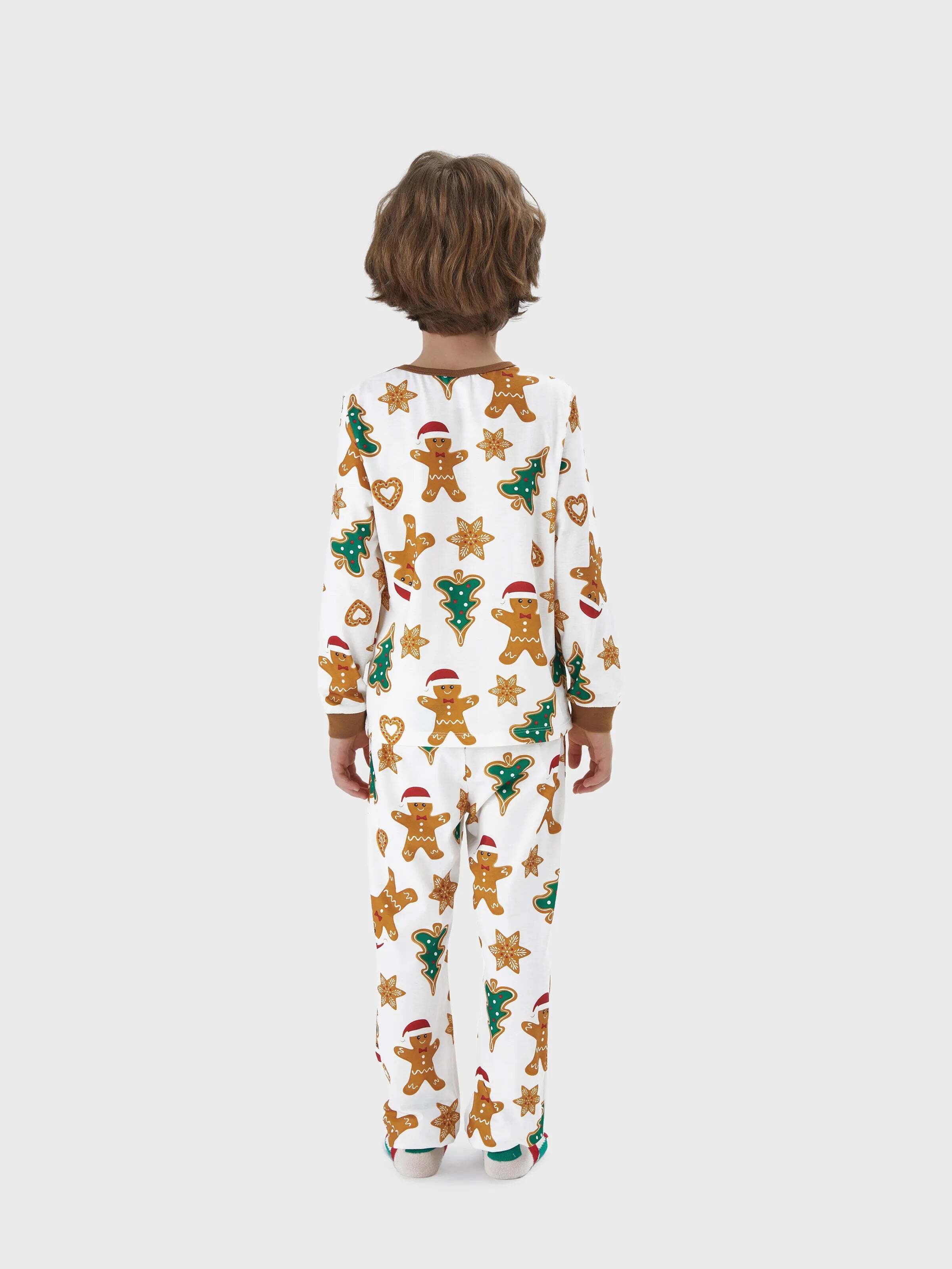 Christmas Family Matching Cartoon Gingerbread Man and Tree All-over Print Long-sleeve Pajamas Sets with Christmas Socks Coffee
