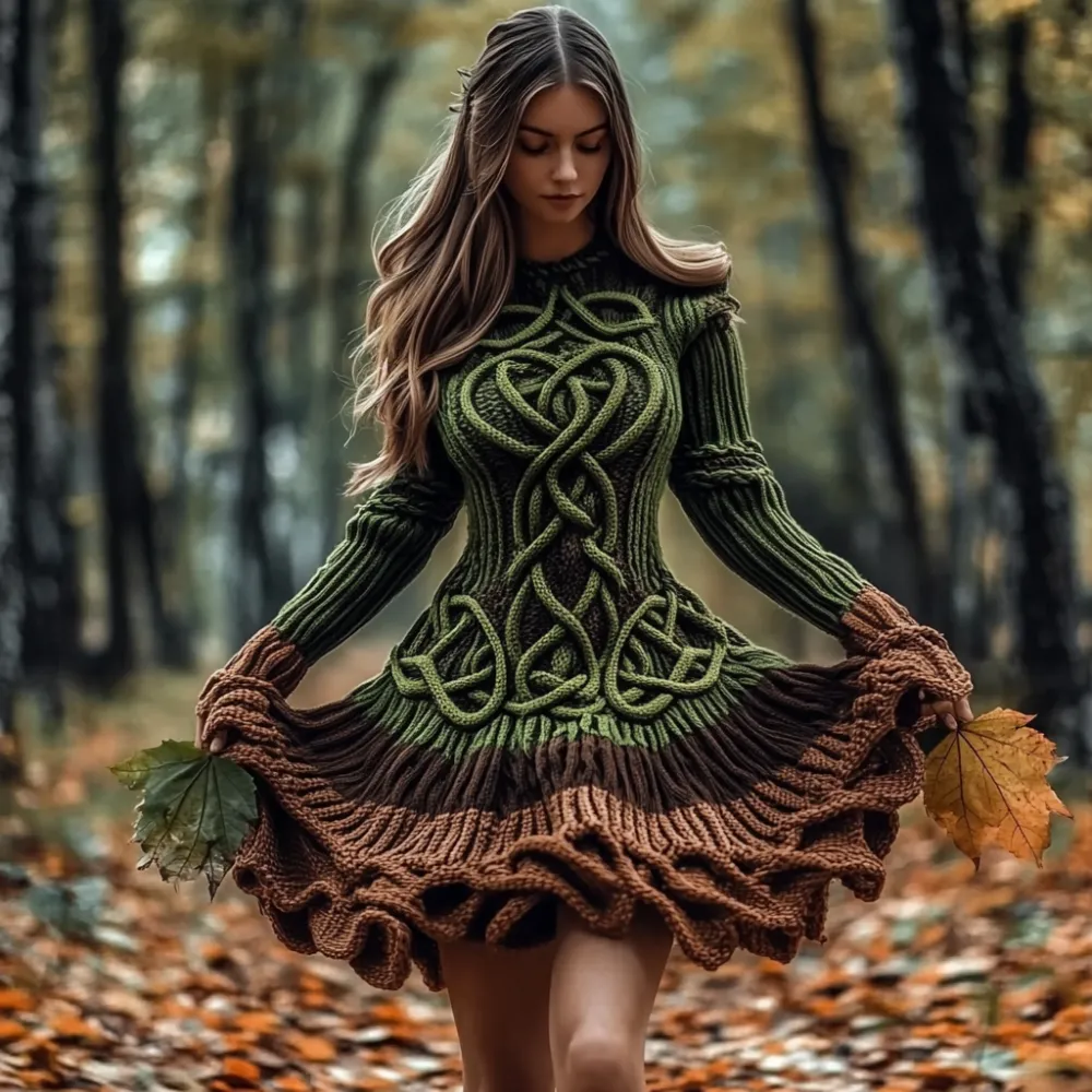 Women's Celtic Knotted Gradient Contrasting Colors Sweater Dress