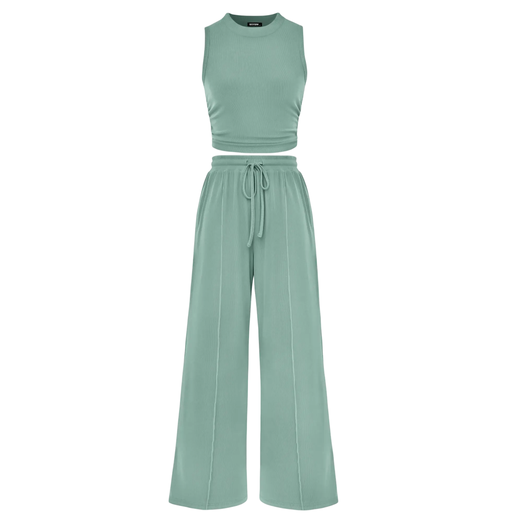 Women's Summer Two-Piece Set — Ribbed Knit Crew Neck Sleeveless Cropped Top