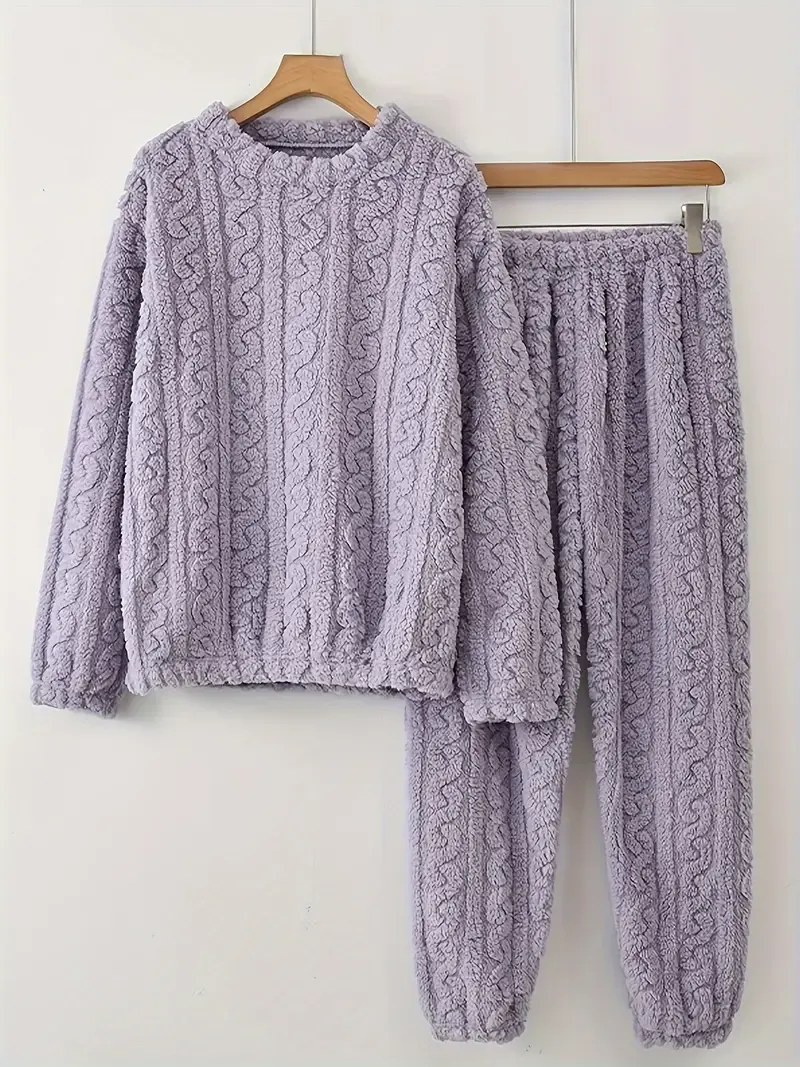 Women'S Cozy Plush Pajama Set - 100% Polyester Long Sleeve Crew Neck Loungewear with Solid Color Pullover Top and Long Pants for